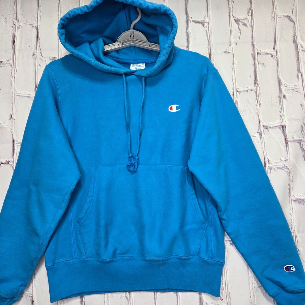Y2K Champion Reverse Weave Hoodie Blue Men Small Heavyweight Pullover Sweatshirt